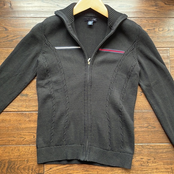 Tommy Hilfiger black logo cardigan zip up cable knit stretchy - Picture 2 of 10